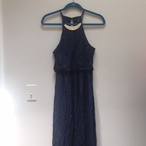 Navy Blue Maxi Dress with Gold Collar
